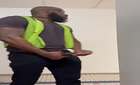 Bearded black construction worker rubbing his cock during work hours